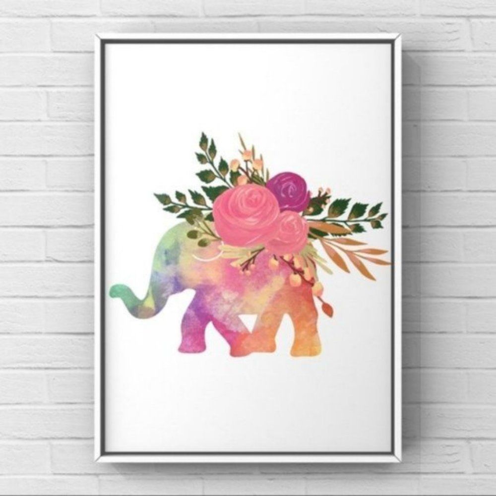 Multicolored watercolor elephant flowers art print